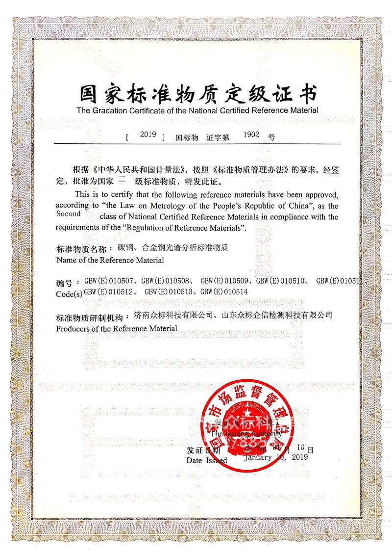 鋼鐵～國家標準物質(zhì)定級證書（010507~010514）